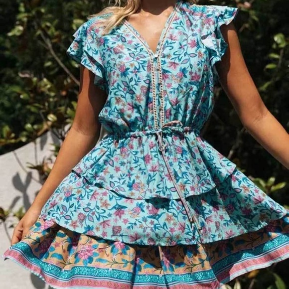 bohemian floral print v neck ruffle purple dress - Picture 13 of 16